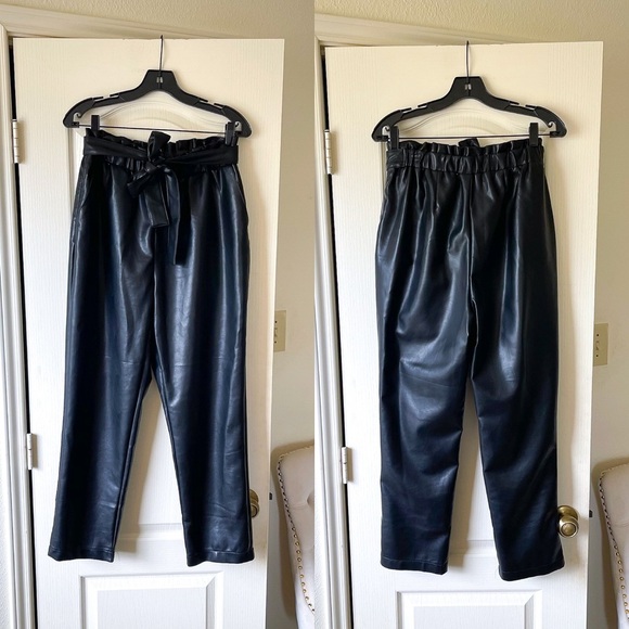Avec Les Filles Faux Leather Paperbag Pants Belted Black Cropped M EUC - Picture 2 of 7